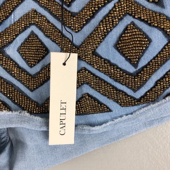 Capulet Revolve Blue Chambray Beaded Front Lightweight Raw Hem Cuffed Shorts - Picture 4 of 7